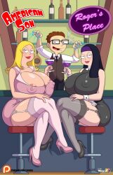 alternate_breast_size american_dad arabatos bartender black_hair_female black_shirt blonde_hair_female brown_hair brown_hair_male comic_cover francine_smith hayley_smith huge_breasts long_black_hair long_blonde_hair long_hair long_hair_female looking_at_viewer mother_and_daughter mother_and_son nipple_bulge no_sex open_mouth roger_smith short_brown_hair short_hair short_hair_male smiling_at_viewer steve_smith three-quarter_view tongue ventzcomics ventzx wine_bottle wine_glass