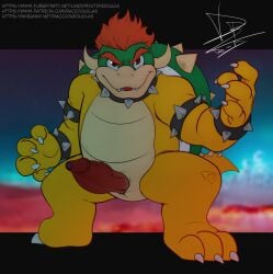 2023 3_toes 4_fingers animal_genitalia anthro anthro_only armband biped bowser bracelet claws collar digital_media_(artwork) erection eyebrows feet finger_claws fingers genital_slit genitals glistening glistening_eyes green_body hair hi_res horn jewelry koopa male male_only mario_(series) nintendo penis pinup pose raccoondouglas red_eyes red_hair scales scalie shell signature slit smile solo spiked_armband spiked_bracelet spiked_collar spiked_shell spiked_tail spikes spikes_(anatomy) tail tan_body tan_scales teeth text toe_claws toes url vein veiny_penis yellow_body yellow_scales