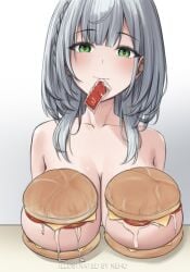 1girls blush boob_burger breasts burger completely_nude female food green_eyes grey_hair heart heart-shaped_pupils highres hololive hololive_fantasy hololive_japan large_breasts looking_at_viewer meme neho-kun nude shirogane_noel symbol-shaped_pupils virtual_youtuber your_order_is_ready_(meme)