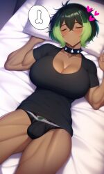 1futa ai_generated bed bulge bulge_through_clothing cute dark_skin dreaming futa_only futanari green_eyes green_hair large_breasts morgan_(xdk141) muscular muscular_futanari novelai penis_under_clothes sfw sleeping spiked_collar t-shirt xdk141