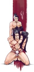 2boys alternate_costume angry annoyed arms_behind_back black_hair black_legwear bondage bondage boots bulge corset crossdressing facial_scar fromsoftware full_body fundoshi gay genichiro_ashina hair_grab hermitsghost high_heel_boots high_heels male male_only medium_hair red_eyes rope rope_bondage rope_harness sekiro sekiro:_shadows_die_twice single_glove sitting_on_person size_difference stubble thigh_boots tied_hair two_tone_hair yaoi