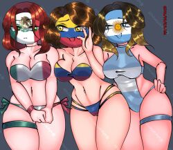 3girls argentina_(countryhumans) bikini brown_hair colombia_(countryhumans) countryhumans countryhumans_girl female female_only flag_bikini flawsystyle mexico_(countryhumans) short_hair simple_background