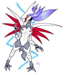 3_fingers 3_toes after_transformation alternate_species anthro avian bird blush breasts feet female fingers generation_2_pokemon genitals gym_leader hair horn ivanks looking_at_hand nintendo nipples nude open_mouth pokemon pokemon_(species) purple_hair pussy red_eyes simple_background skarmory solo standing tail talons toes tongue white_background white_body wings winona_(pokemon) yellow_sclera