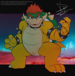 2023 3_toes 4_fingers animal_genitalia anthro anthro_only armband biped bowser bracelet claws collar digital_media_(artwork) eyebrows feet finger_claws fingers genital_slit genitals glistening glistening_eyes green_body hair hi_res horn jewelry koopa male male_only mario_(series) nintendo pinup pose raccoondouglas red_eyes red_hair scales scalie shell signature slit smile solo spiked_armband spiked_bracelet spiked_collar spiked_shell spiked_tail spikes spikes_(anatomy) tail tan_body tan_scales teeth text toe_claws toes url yellow_body yellow_scales