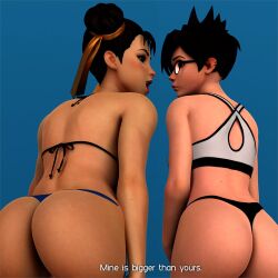 2girls 3d 3d_(artwork) ass big_ass big_butt bikini blender_(software) cadet_oxton capcom chun-li chun-li_(fortnite) crossover dat_ass eastern_and_western_character female female_only fortnite mashekashe overwatch seductive sports_bra sportswear street_fighter swimsuit text tracer