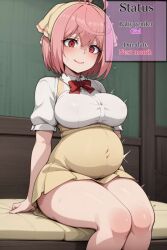 after_impregnation ai_generated aruaru blush kaminaki_sekai_no_kamisama_katsudou pink_hair pregnant pregnant_female red_eyes short_hair yandere yucchiaiart