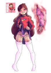 1girls artist_request blush braces breasts brown_hair clothed disney disney_channel disney_xd english_text female gravity_falls headband looking_at_viewer mabel_pines movement_lines petite pink_eyes pussy pussy_juice sex_toy skirt_lift slim_waist small_breasts solo source_request straight_hair sweat sweater text thighhighs trembling vibrator vibrator_in_pussy vibrator_under_clothes vibrator_under_panties x-ray