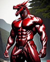 abs ai_generated big_penis bright_colors dragon dragon_horns dragon_hybrid eight_pack male male_focus male_only muscles muscular muscular_anthro muscular_arms muscular_legs muscular_male naked red_body red_dragon_(animal) red_eyes scales sharp_teeth veins zerjailes