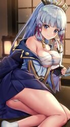 1girls blue_eyes blue_hair blush breasts breasts_out genshin_impact kamisato_ayaka looking_at_viewer mole mole_under_eye ponnyu12 sarashi sitting smiling smiling_at_viewer white_panties