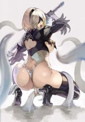 1girls anus_peek areola_slip ass big_ass big_breasts black_blindfold black_hairband blindfold boots breasts fighting hairband high_heel_boots high_heels imminent_rape imminent_tentacle_rape juliet_sleeves katana large_breasts leotard leotard_pull long_sleeves monster nier nier:_automata nishii_(nitroplus) open_mouth panties partially_visible_anus partially_visible_nipples partially_visible_vulva puffy_sleeves short_hair sideboob squatting struggling sword tentacle tentacles thick_thighs thighhigh_boots thighhighs thong_leotard torn_clothes torn_leotard weapon white_hair wide_hips yorha_2b