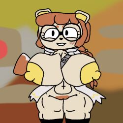 1girls animal_ears anthro areolae bear bear_ears blush_crunch_studios breasts breasts_out coat coat_on_shoulders draconic_devilz flavor_frenzy glasses hair inner_thighs large_areolae large_breasts long_socks medium_hair pussy roblox roblox_game source_request thick_thighs thighhighs thighs waffle_(flavor_frenzy) yellow_areola yellow_nipples