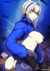 1boy 1girls ass big_breasts black_gloves blonde_hair blue_hairband book breasts female female_focus gloves hairband holding holding_book igor_(persona) large_breasts male megami_tensei merope merope_(persona) nipples persona persona_5 persona_5:_the_phantom_x pinkseito puffy_nipples solo_focus standing velvet_room yellow_eyes