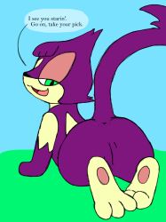 3_toes ass digital_media_(artwork) feet female feral fur generation_5_pokemon genitals hi_res looking_back nintendo nude open_mouth pokemon pokemon_(species) presenting presenting_hindquarters purrloin pussy raised_tail secretsableye smile solo tail text toes