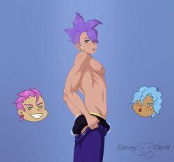 big_ass blue_eyes bubble_butt bulge dark_skin davey_devil gale_rogers gay ian_cook male male_only meme patrick_salas purple_hair tight_pants_(meme) yaoi