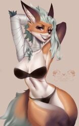 2d anthro arms_behind_head artist_name bandage bandaged_arm black_bra black_nose black_panties black_pupils bra breasts canine chest_tuft clenched_teeth digital_media_(artwork) ear_tuft fanart female female_only fox furry furry_female furry_only hair koemichan looking_at_viewer mammal meridian_(bonifasko) navel panties purple_eyes scar short_hair smile smiling_at_viewer solo_female tagme tail white_hair white_sclera