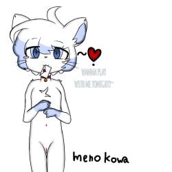 2d aliasing anthro blue_eyes blue_hair blue_hands blush cat_ears cat_girl collar discord feline female flat_chest furry heart hi_res inviting letter letter_in_mouth looking_at_viewer love_letter meno_kowa naked pussy routine_(yonkagor) solo standing text transparent_background two_tone_hair valentine's_day white_fur yonkagor