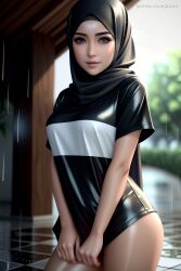 ai_generated clothed clothing female hijab outside rain raining stable_diffusion wet