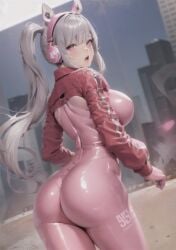 1girls ai_generated bodysuit curvaceous curvy_body curvy_female curvy_figure hi_res huge_breasts latex_gloves looking_at_viewer looking_back pink_suit seductive_look skin_tight stable_diffusion voluptuous voluptuous_female