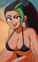 1girls beach big_breasts bikini bikini_bottom bikini_top black_hair bottomwear breasts cleavage female female_only game_freak green_highlights hair huge_breasts nemona_(pokemon) orange_eyes pokemon pokemon_sv ponytail solo swimwear thighs topwear vexypop