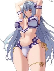 1girls android android_girl arms_above_head bikini blue_bikini blue_hair blue_swimsuit breasts hair_ornament kos-mos large_breasts long_hair looking_at_viewer midriff navel oyasu_(kinakoyamamori) red_eyes side-tie_bikini side-tie_swimsuit stretching swimsuit thigh_strap xenosaga