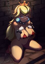 1girls ankle_cuffs artofchentai bikini blonde_hair blue_eyes bondage bottomless bowser_bikini breasts brick_wall chain_leash chentai collar crown damsel_in_distress dungeon earrings elbow_gloves gloves huge_breasts kneeling large_breasts leash long_hair looking_at_viewer mario_(series) midriff navel nintendo nipple_chain princess_peach prison_bitch prisoner slave spiked_collar stone_wall swimsuit swimsuit_top wrist_cuffs