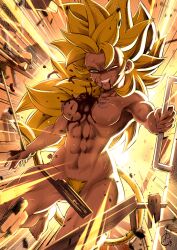 1girls areolae asura-00 blonde_hair blood blood_on_breasts blood_on_face breasts dragon_ball dragon_ball_multiverse dragon_ball_z explosion female_saiyan gold_hair golden_hair green_eyes hanasia light-skinned_female light_skin muscular muscular_female nipples original_character pubic_hair saiyan_oc shounen_jump solo super_saiyan tail tailed_humanoid wound wounded