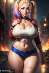 1girls ai_generated batman_(series) big_breasts dc dc_comics female female_focus female_only fire harley_quinn makeup multicolored_hair shorts smile thick_thighs twintails wide_hips winterzone