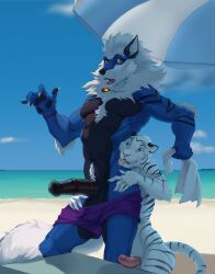 abs al_(aolun) animal_genitalia animal_penis anthro arcanine athletic athletic_anthro athletic_male balls beach biceps big_penis black_body black_fur black_pawpads black_penis blue_body blue_eyes blue_fur bottomwear canid canine canis cheek_tuft clothed clothing detailed_background digital_media_(artwork) duo equine_genitalia equine_penis erection facial_tuft fangs felid feline felis fingers fur generation_1_pokemon genitals hair hi_res humanoid_genitalia humanoid_penis hyper licking male male_only mammal muscular muscular_anthro muscular_male neck_tuft nintendo nude orange_eyes outside pantherine pawpads penis pokemon pokemon_(species) sand seaside simple_background sky smile striped_body stripes swimming_trunks swimwear teeth tgt1512 tiger tongue tongue_out topless tuft water white_body white_fur white_hair