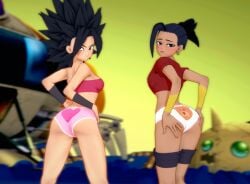 2girls 3d back_view bear_panties bear_print black_hair blush blushing caulifla childish_panties dragon_ball dragon_ball_super embarrassed euf exposed fair_skin female female_only female_saiyan heart_pasties heart_print humiliation kale multiple_girls navy_blue_hair onagazgreat panties print_panties smiling_at_viewer spiky_hair tanned_skin underwear universe_6 universe_6/universe_7