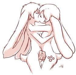 anthro aogami bodily_fluids closed_eyes cum duo embrace genital_fluids humanoid_genitalia jeffy_(jeffycottonbun) jeffybunny kevin_snowpaw kissing lagomorph leporid long_ears male male/male mammal rabbit