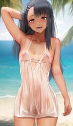 1girls :d arm_up armpits bare_shoulders beach black_hair blush breasts brown_eyes cleft_of_venus dress earclip fangs female ginhaha hair_ornament hairclip hayase_nagatoro highres long_hair looking_at_viewer navel nipples outdoors please_don't_bully_me,_nagatoro pussy see-through see-through_dress smile solo tan tanlines teeth