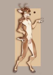 5_fingers anthro balls brown_body brown_fur brown_hair deer digital_media_(artwork) fingers fur genitals girly hair hi_res hooves horn humanoid_genitalia humanoid_hands male mammal markings nude penis simple_background slim solo spots spotted_body spotted_fur tail tgt1512 tuft white_body white_fur