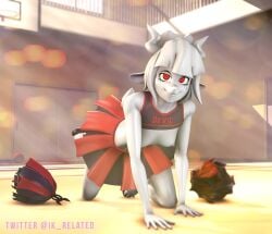 3d_(artwork) all_fours anthro bovid breasts caprine cheerleader_outfit clothed clothing demon demon_girl digital_media_(artwork) female fur goat goat_lucifer_(helltaker) gym hair helltaker hi_res horn ik_related looking_at_viewer lucifer_(helltaker) mammal nipples nude red_eyes small_breasts smug solo source_filmmaker white_body white_fur white_hair