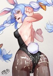 ajula_wachula blue_hair bunny_ears bunny_girl bunny_tail bunnysuit cum cum_in_ass cum_on_body distress hololive hololive_fantasy hololive_japan igana_asonerikes usada_pekora virtual_youtuber writing writing_on_ass