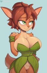 1girls activision anthro big_breasts biped blue_background blush breasts brown_hair bursting_breasts busty cleavage clothed clothing cooliehigh elora faun_(spyro) female female_focus female_only genitals green_eyes hair hand_on_hip hi_res huge_breasts orange_body pose posing pussy sensual simple_background smile solo spyro_the_dragon