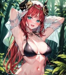 1girls ai_generated bikini blush breasts genshin_impact green_eyes medium_breasts nilou_(genshin_impact) red_hair swimsuit unajyu