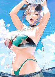 :d ^_^ animal_ears armpits arms_up bikini black_choker blue_sky breasts choker closed_eyes cloud day dog_ears female holding iku_(ikuchan_kaoru) ikuchan_kaoru_(character) indie_virtual_youtuber large_breasts looking_at_viewer navel o-ring o-ring_bikini o-ring_top ocean open_mouth original partially_submerged sky smile solo star_(symbol) star_print swimsuit teeth upper_teeth_only virtual_youtuber wet