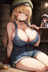 2023 2girls ai_generated anime_nose blonde_hair breasts cleavage clothed_female curvy curvy_body curvy_female curvy_figure female_focus female_only high_resolution highres long_hair looking_at_viewer overalls overalls_only seductive_look solo_focus stable_diffusion tavern voluptuous voluptuous_female