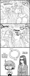 3koma 4girls 5_fingers bb_(baalbuddy) big_breasts black_and_white chaldea_uniform comedy crossover dialogue english_text fangs fate/grand_order fate_(series) female female_only fujimaru_ritsuka_(female) funny gorgon_(fate) humor kuroko_smith lamia miia_(monster_musume) monochrome monster_girl monster_musume_no_iru_nichijou pointy_ears sharp_teeth speech_bubble tagme three_panels very_high_resolution white_background