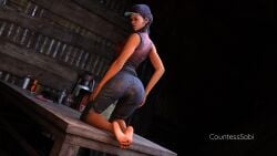 3d 3d_(artwork) ass black_hair cap dbd dead_by_daylight feet foot_fetish foot_focus kneeling looking_at_viewer meg_thomas presenting_ass sabithegreen seductive seductive_look soles toes