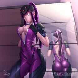 1girls ass blizzard_entertainment breast_press cleavage cosplay cutout latex_suit mirror oc overwatch ponytail sayuri_(sayuridrawsthings) sayuridrawsthings self_insert self_upload solo_female tagme tight_clothing tight_fit widowmaker