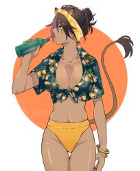 1girls bikini bottle breasts brown_hair con_potata crop_top dark-skinned_female dark_skin female female_only genderswap_(mtf) green_eyes hair_bun hairband leona_kingscholar lion_tail midriff navel rule_63 solo swimsuit tail twisted_wonderland white_background