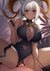 1boy 1girls arknights bar_censor bare_shoulders black_one-piece_swimsuit blush breasts carnelian_(arknights) casual_one-piece_swimsuit censored cleavage cowgirl_position dark-skinned_female dark_skin female femdom goat_girl goat_horns grey_hair highres holding horns kyomu_(7641) large_breasts leash light-skinned_male light_skin navel one-piece_swimsuit parted_lips penis pussy red_eyes sex short_hair smile solo_focus spread_legs straddling straight swimsuit thigh_strap vaginal_penetration