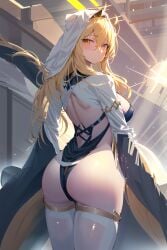 ai_generated ass blonde_hair blush breasts detached_sleeves female from_behind goddess_of_victory:_nikke habit huge_ass large_breasts leotard long_hair looking_at_viewer looking_back rapunzel_(nikke) shiny shiny_clothes shiny_hair shiny_skin sideboob solo thighhighs thong_leotard yellow_eyes