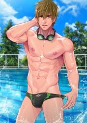 1boy abs brown_hair free! goggles_around_neck green_eyes makoto_tachibana male_only maorenc outside pool poolside solo_male speedo tachibana_makoto