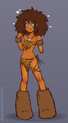 1boy animal_skin artist_self-insert belly belly_button bikini bikini_bottom bikini_top blue_eyes blush boots brown_hair dark-skinned_femboy dark-skinned_male dark_skin fang_necklace fangs femboy fur_boots fur_cuffs fur_trim heart hearts_around_head juju_(wrenzephyr) leopard_print male male_focus male_only messy_hair necklace original original_character simple_background small_breasts solo_focus solo_male standing tied_bikini trap twitter_username wrenzephyr2 wrenzephyr_(character)