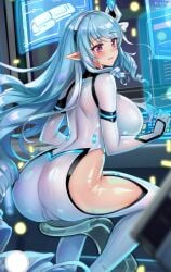 1girls big_ass big_breasts blue_hair bodysuit female female_focus female_only nutaku official official_art project_qt skin_tight una_(project_qt)