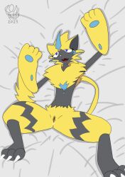 absurd_res anthro bed bodily_fluids digital_drawing_(artwork) digital_media_(artwork) female fur furniture generation_7_pokemon genital_fluids genitals hi_res legendary_pokemon lying nintendo on_bed pokemon pokemon_(species) ronai_fox simple_background smile solo yellow_body yellow_fur zeraora