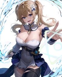 1girls barbara_(genshin_impact) blonde_hair blue_eyes breasts cleavage earrings female female_only genshin_impact hair_ornament large_breasts light-skinned_female light_skin long_hair nun re0n solo twintails