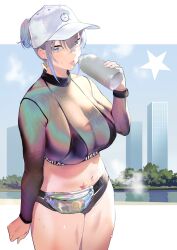 bikini black_bikini blue_eyes bottle breasts building cleavage cloud curvy earrings fanny_pack feet_out_of_frame female hat iku_(ikuchan_kaoru) ikuchan_kaoru_(character) jewelry large_breasts looking_at_viewer mole mole_under_eye navel original see-through short_hair silver_hair sky star_(symbol) star_earrings star_tattoo sweat swimsuit tattoo thick_thighs thighs tongue tongue_out virtual_youtuber water_bottle